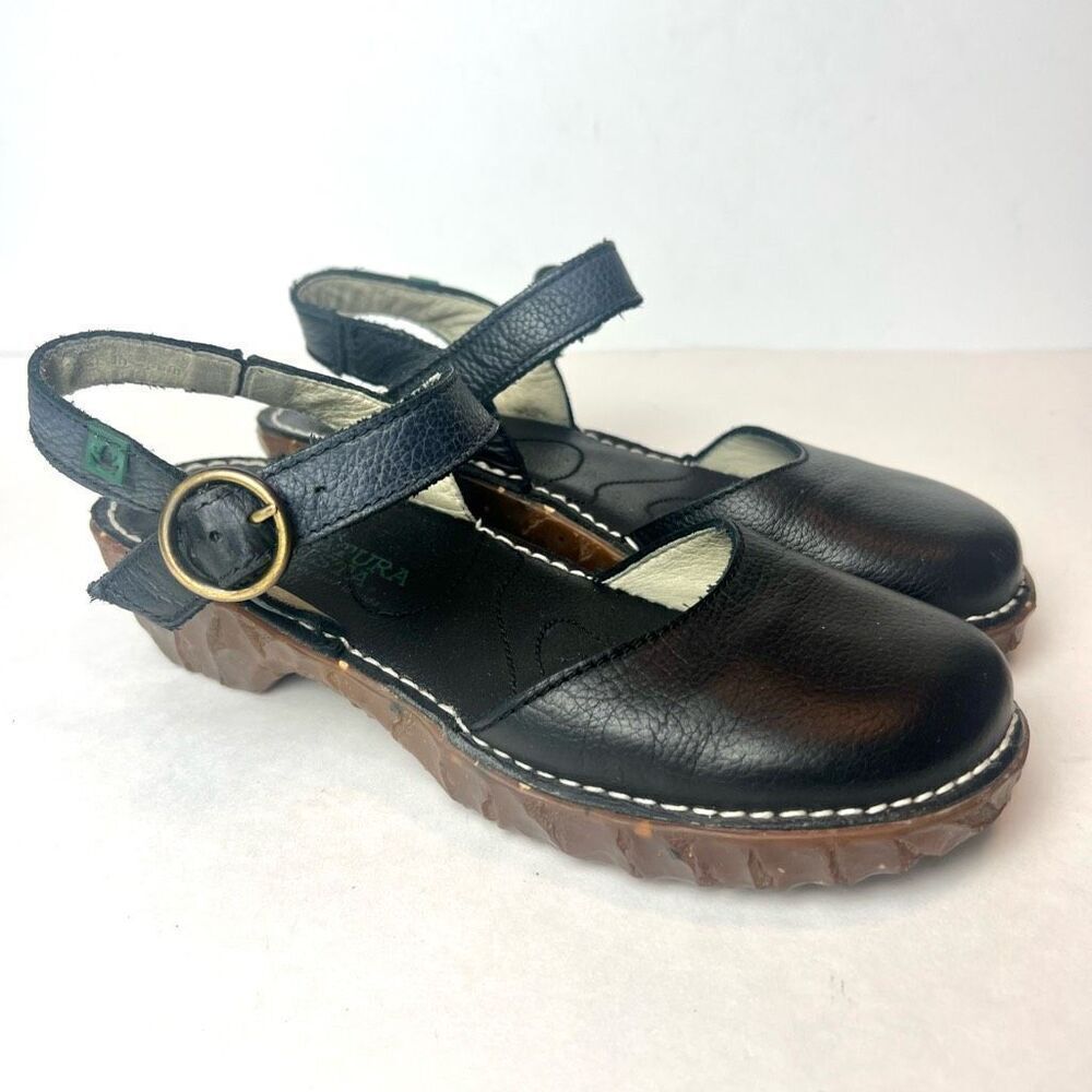 El Naturalista Black Leather Slingback Sandals with Brown Tread Sole